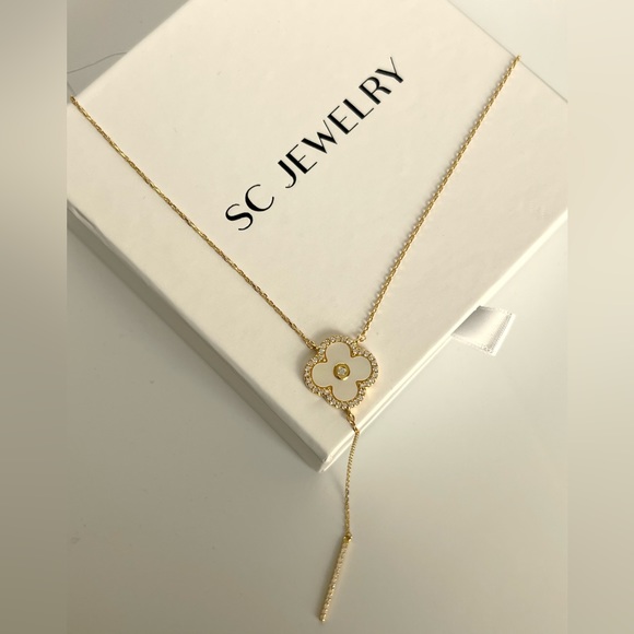 Rachel Zoe Clover Necklace Y Chain Zirconia Mother of Pearl 14k Gold Color - Picture 2 of 7